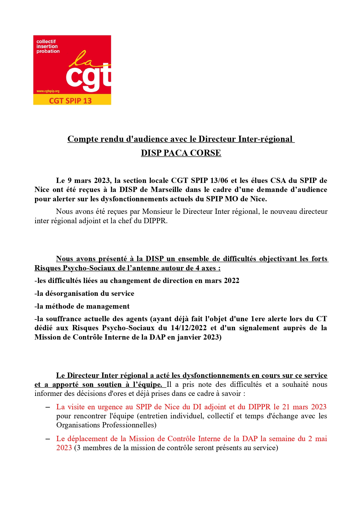 Copte Rendu SPIP 06 : COMPTE-RENDU D’AUDIENCE AVEC LE DI DE MARSEILLE – CGT ...