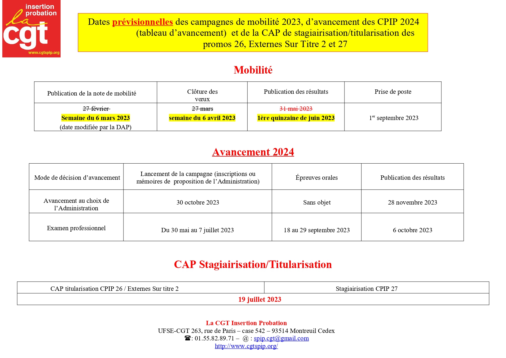 CALENDRIER MOBILITE CPIP 2023, AVANCEMENT 2024 et CAP Titularisation