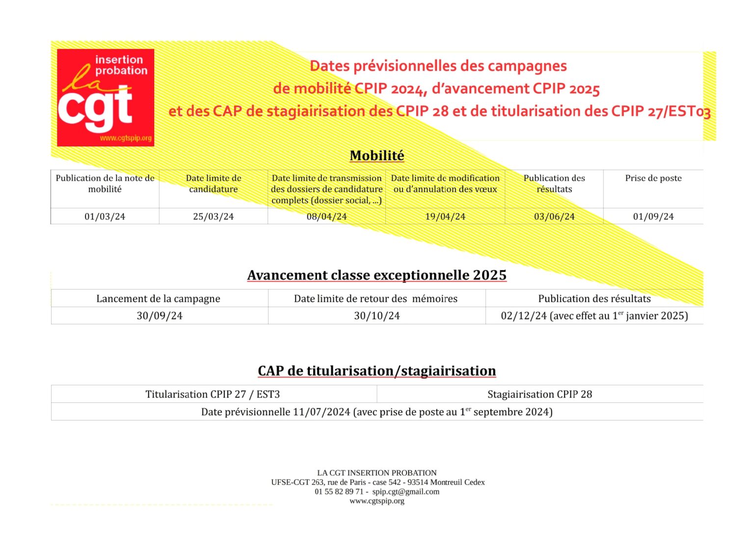 CALENDRIER MOBILITE CPIP 2024, AVANCEMENT CPIP 2025 et CAP